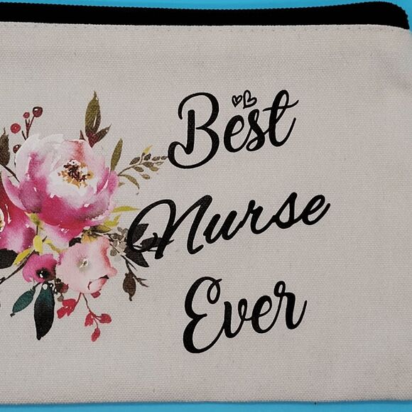 Best Nurse Ever Zipper Makeup Travel Supply Bag Oatmeal Pink Roses - Picture 3 of 7